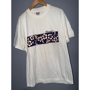 Vintage Hanes Heavyweight Hawaii Hibiscus Floral Graphic T-Shirt White Mens L